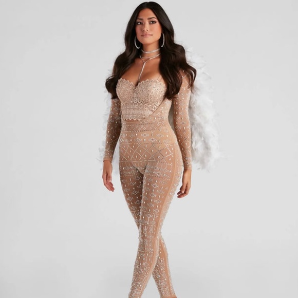 Iridescent Stunner Rhinestone-Embellished Sheer Catsuit - Picture 1 of 4